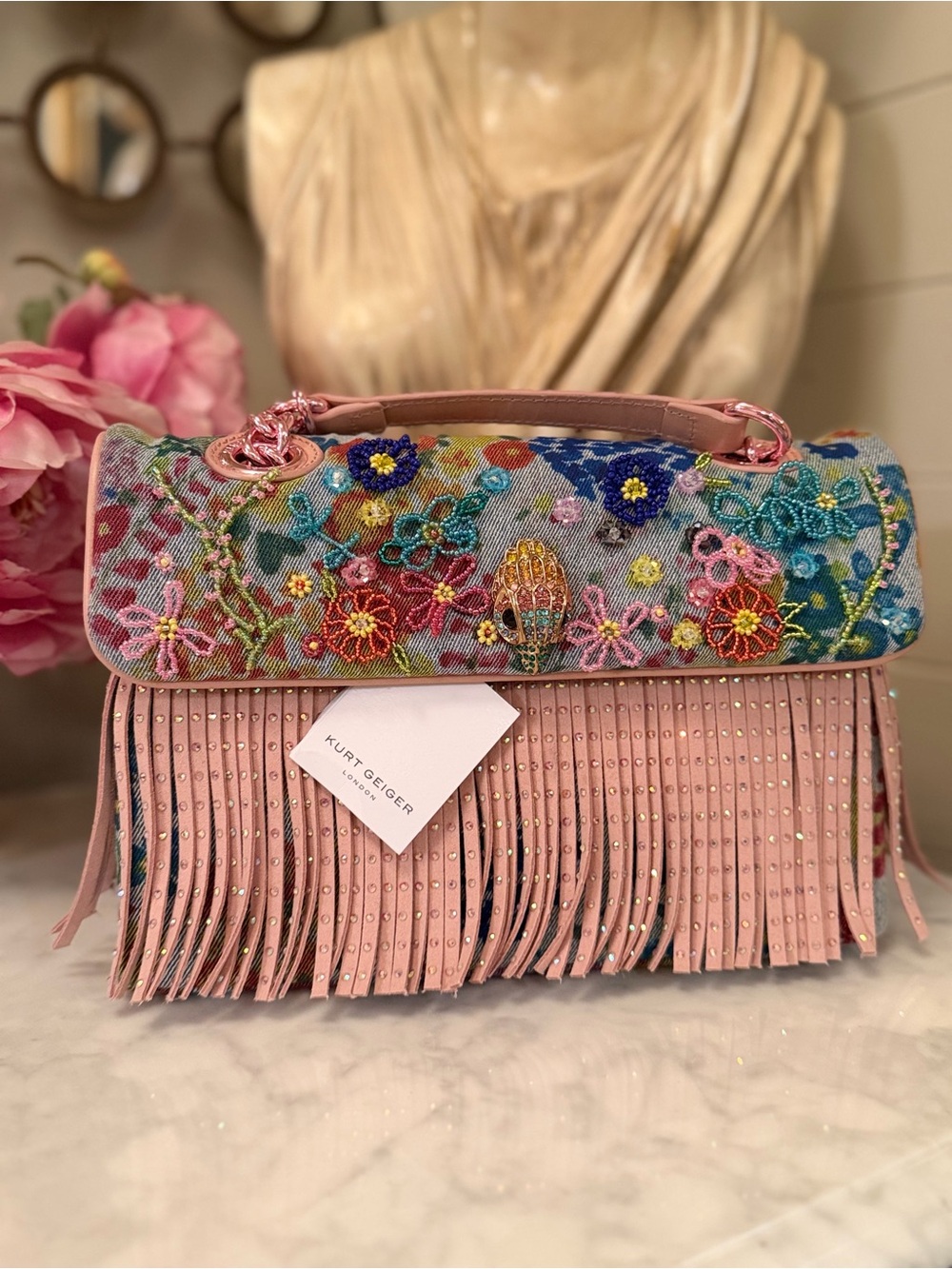 Kurt Geiger NWT Fringe Floral Rose gold crossbody